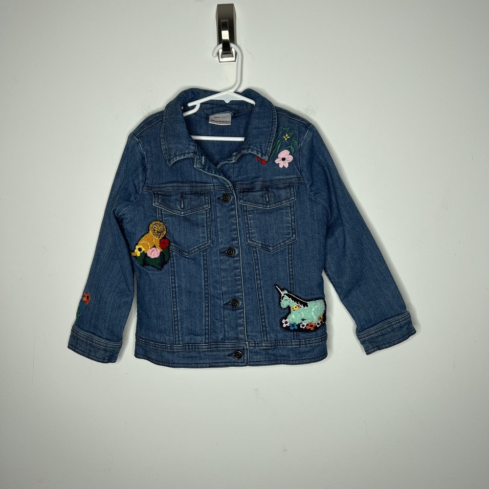 Hanna Andersson Jacket Girls 6-7 Blue Denim Sherpa Lined Unicorn Floral Patch